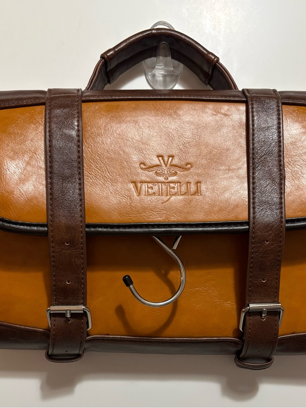 Vetelli Burnt Orange Faux Leather Canvas Toiletry Travel Bag